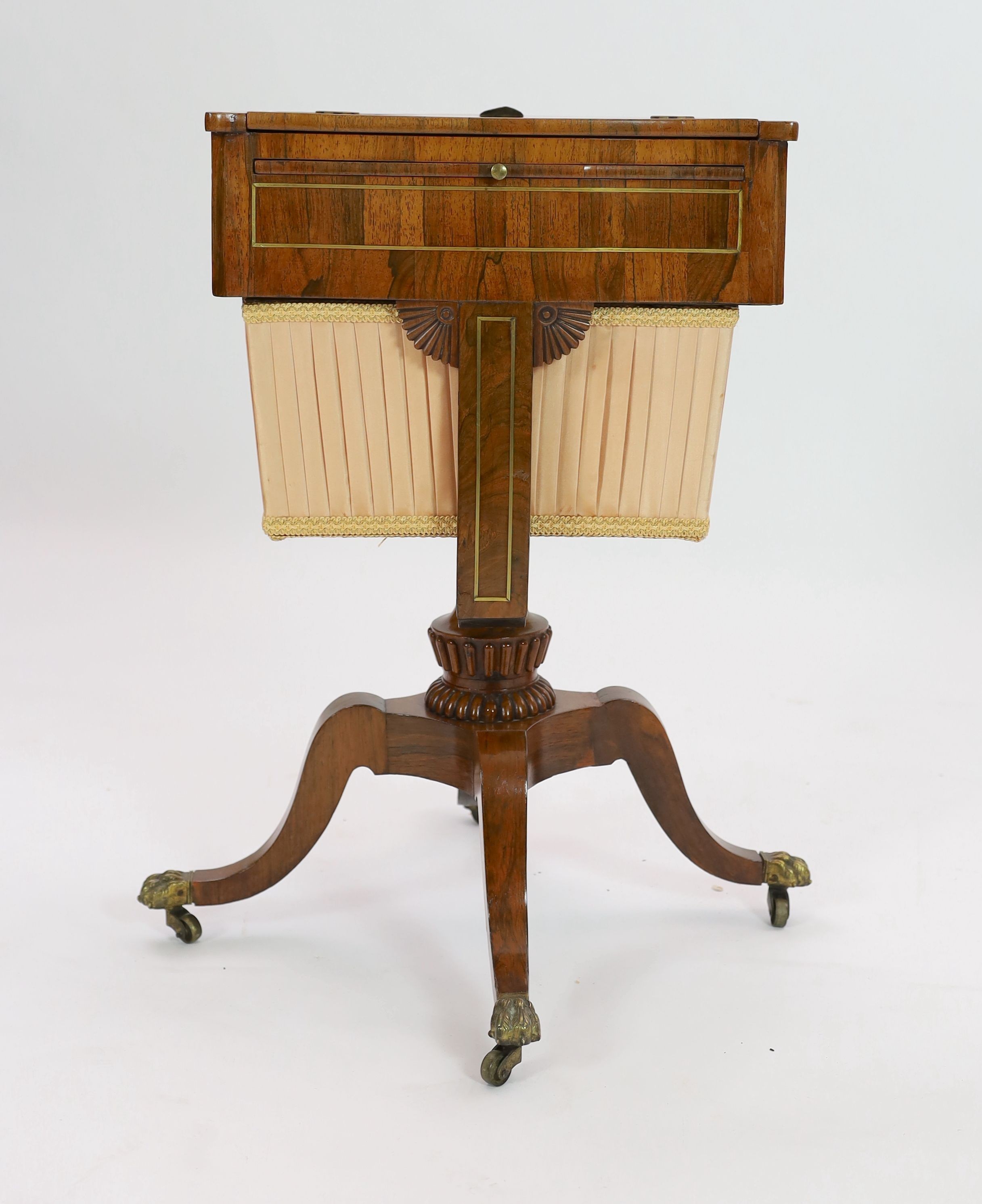 An early Victorian brass inset rosewood work table, width 47cm depth 35cm height 75cm